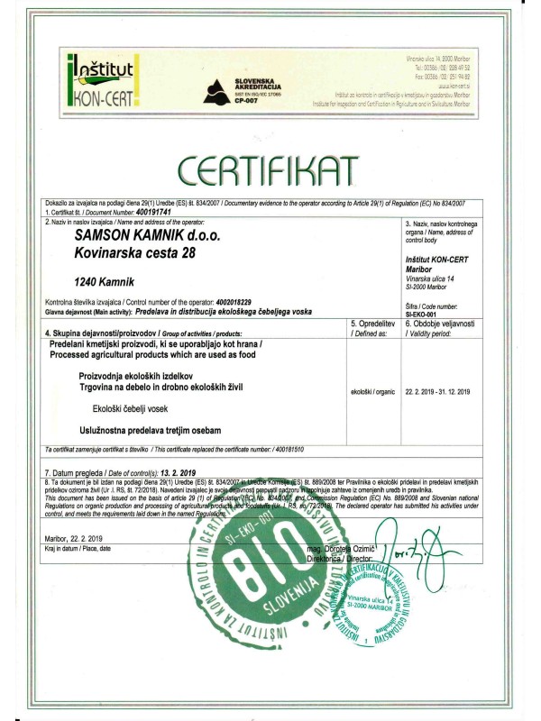 SATNICA 2/3 LR  SI-EKO-001    BIO-SLO    (z ekološkim certifikatom)    20 satnic